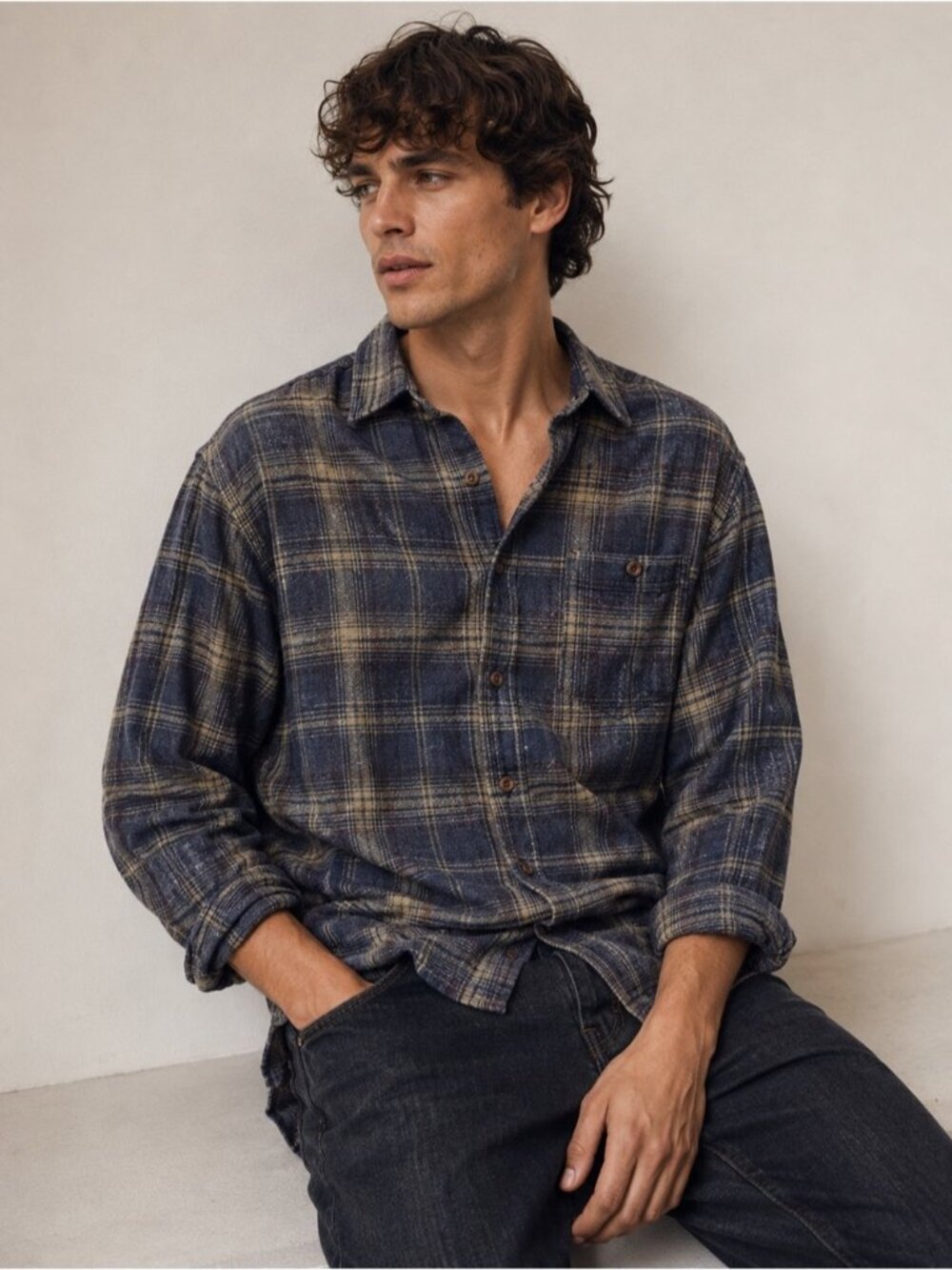 Cacharel Plaid Button-Up Flannel Shirt Medium